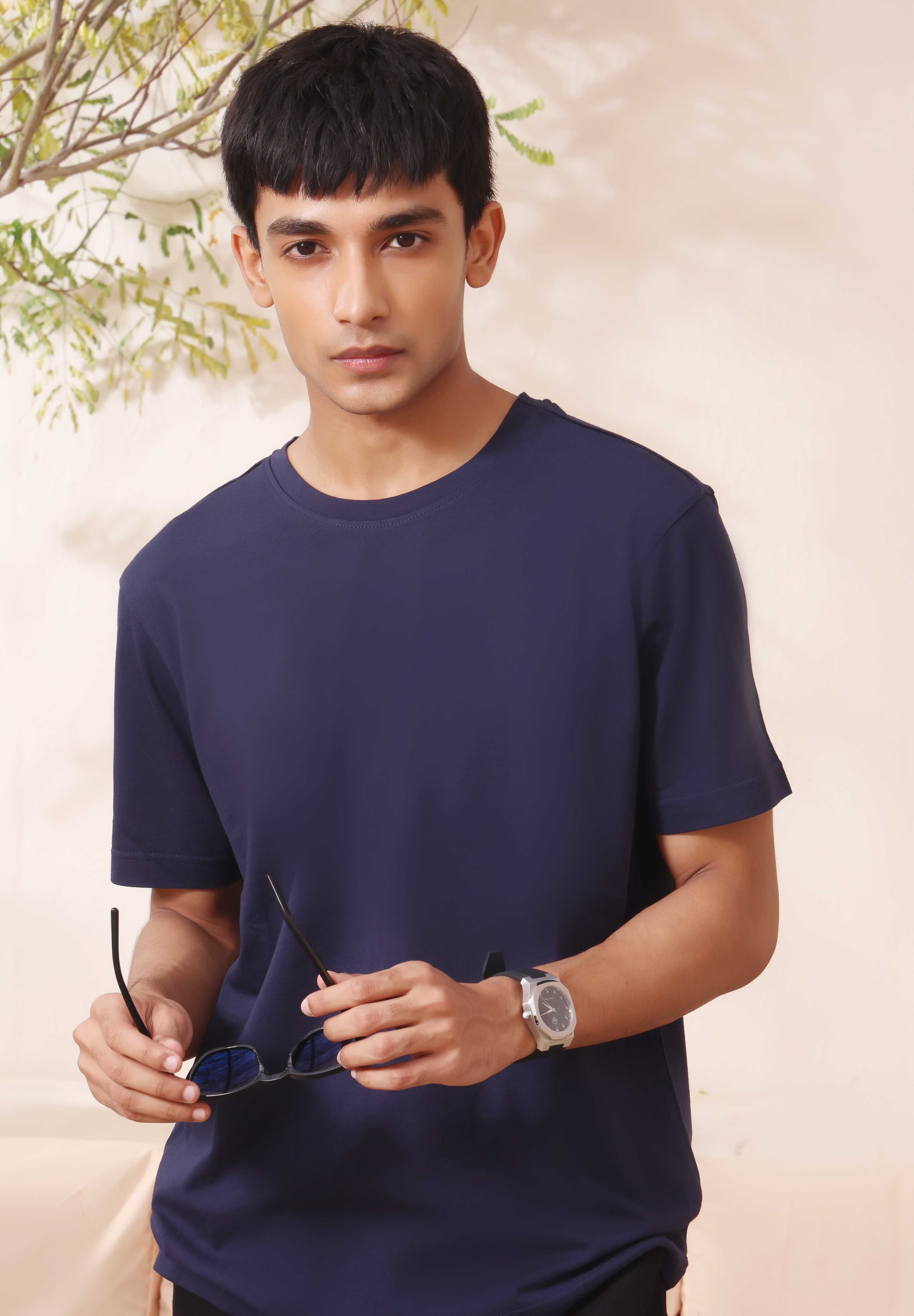 Men's Navy 100% Cotton Luxe Knit T-Shirt | Crew Neck - Snoozeoff