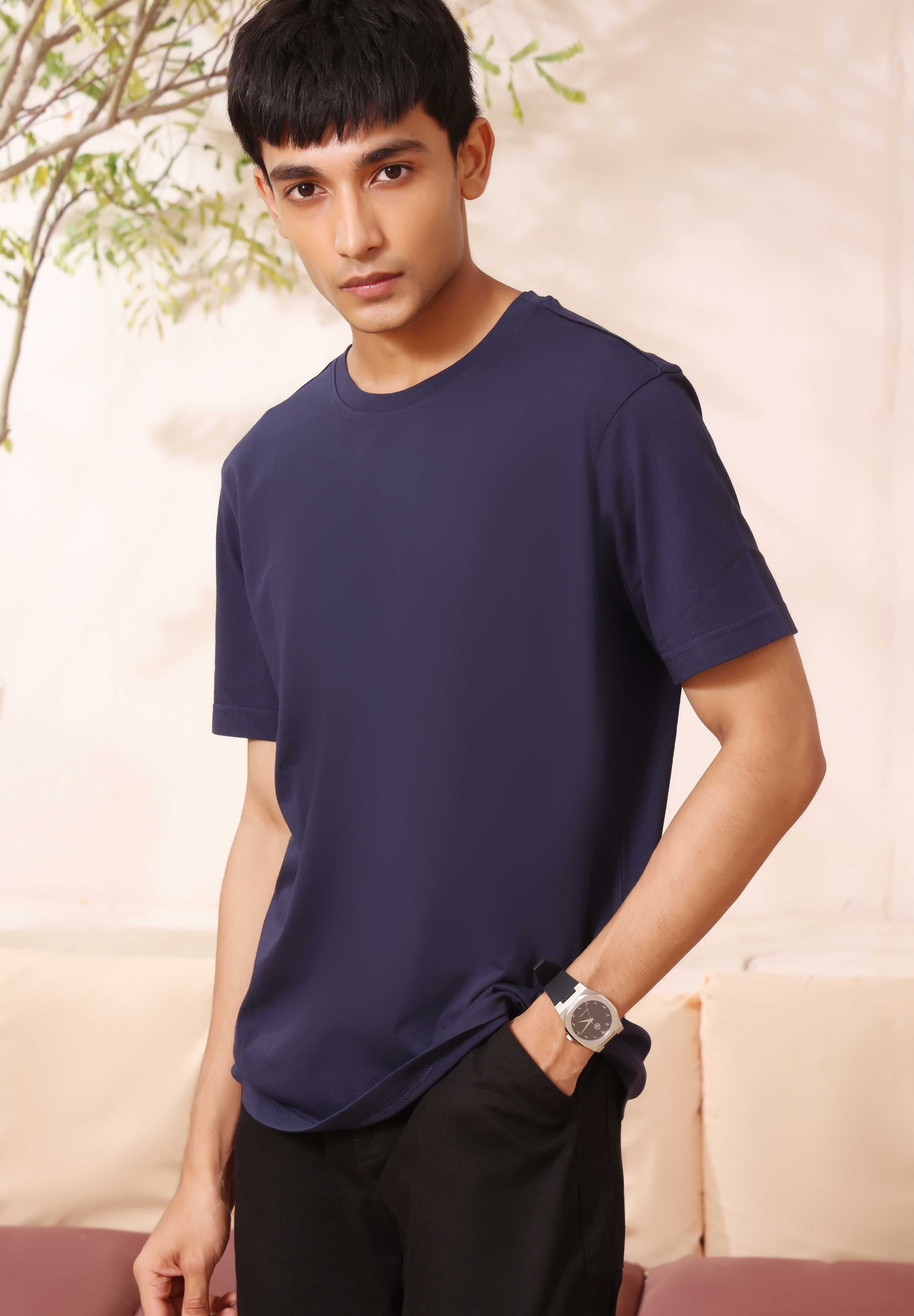 Men's Navy 100% Cotton Luxe Knit T-Shirt | Crew Neck - Snoozeoff