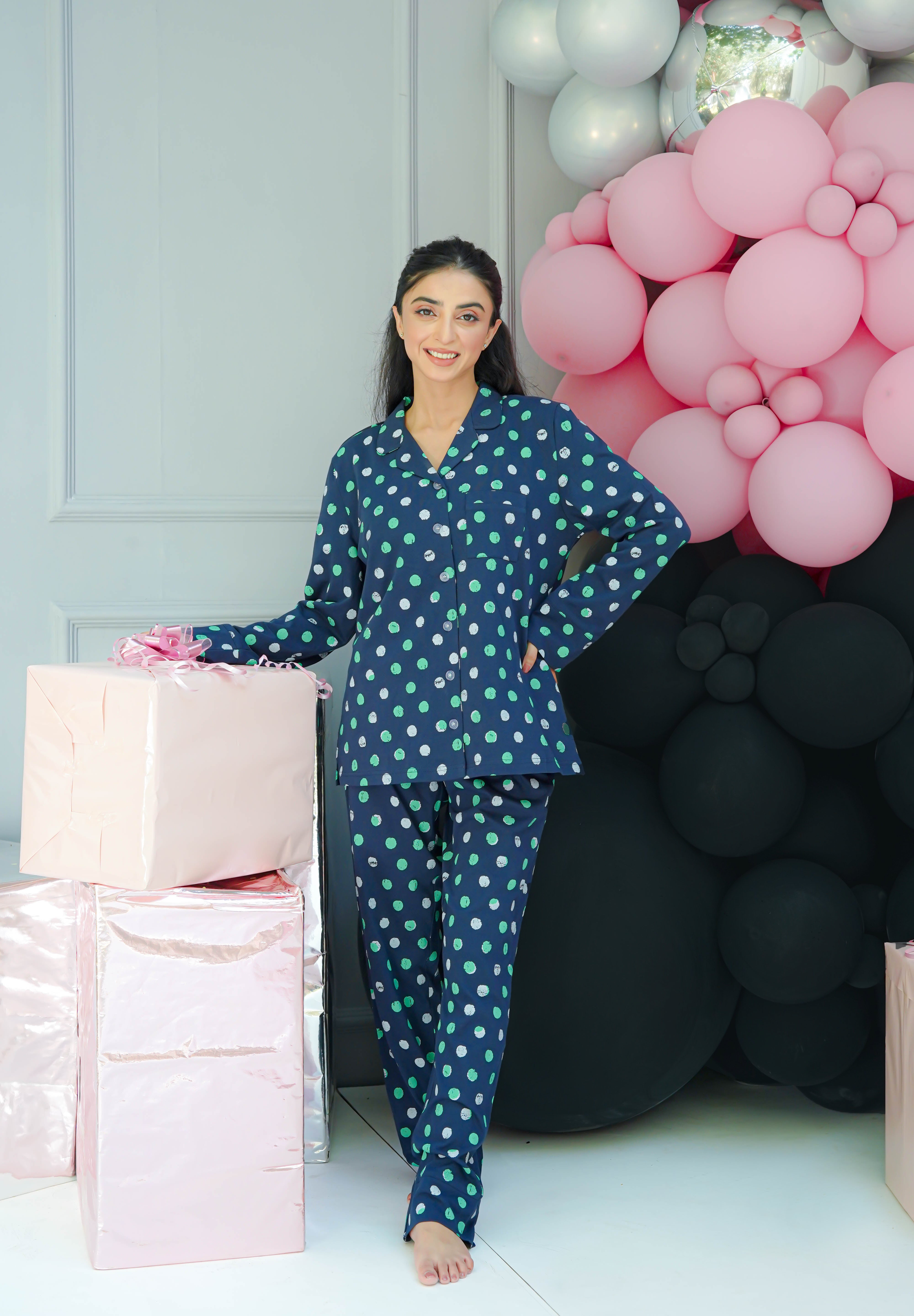 Soft and breathable All Season PolkaDots Women's Button Down Pajama Set for year-round comfort.