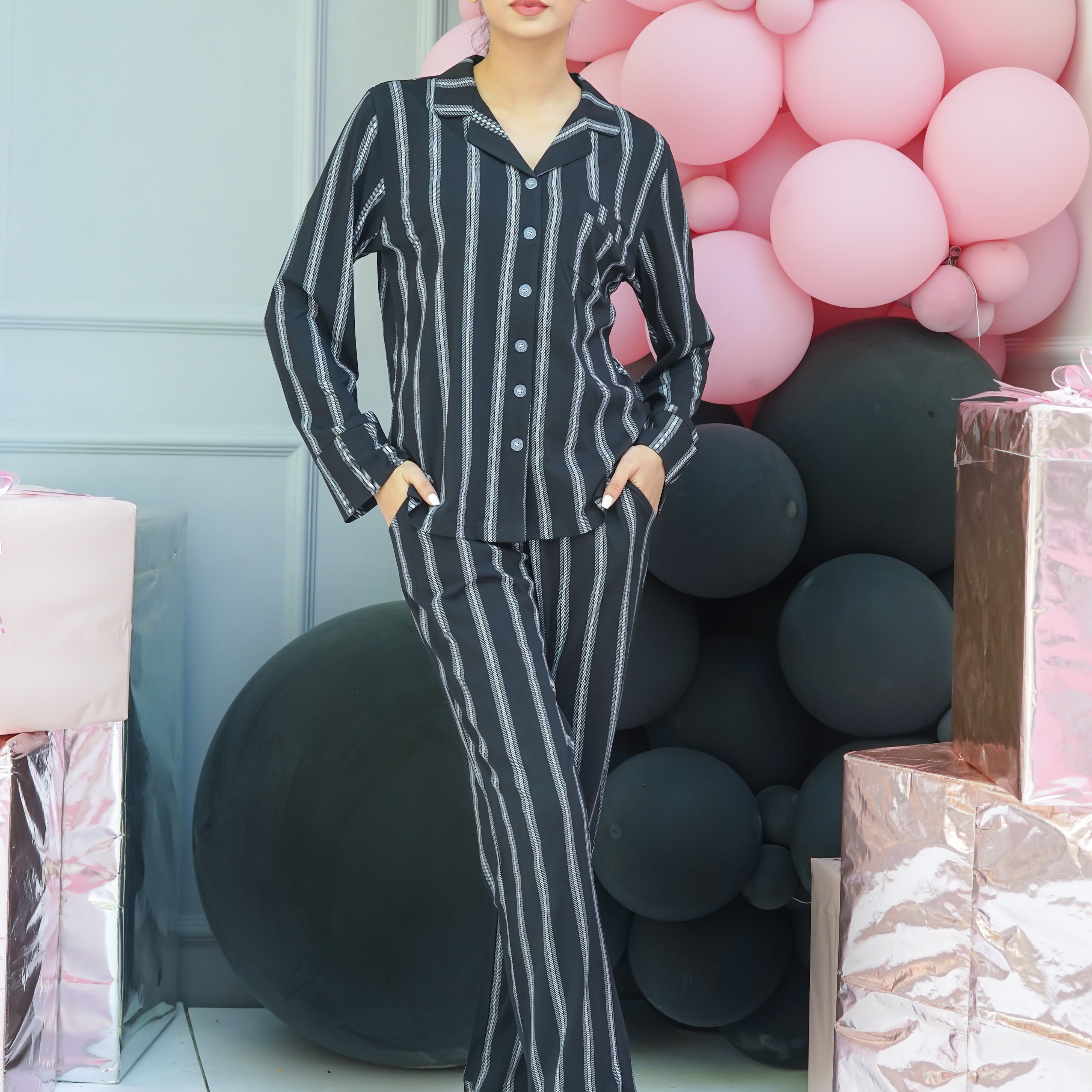 Soft and stylish Black Stripe Flair Women's Button Down Pajama Set, perfect for a cozy night's sleep.