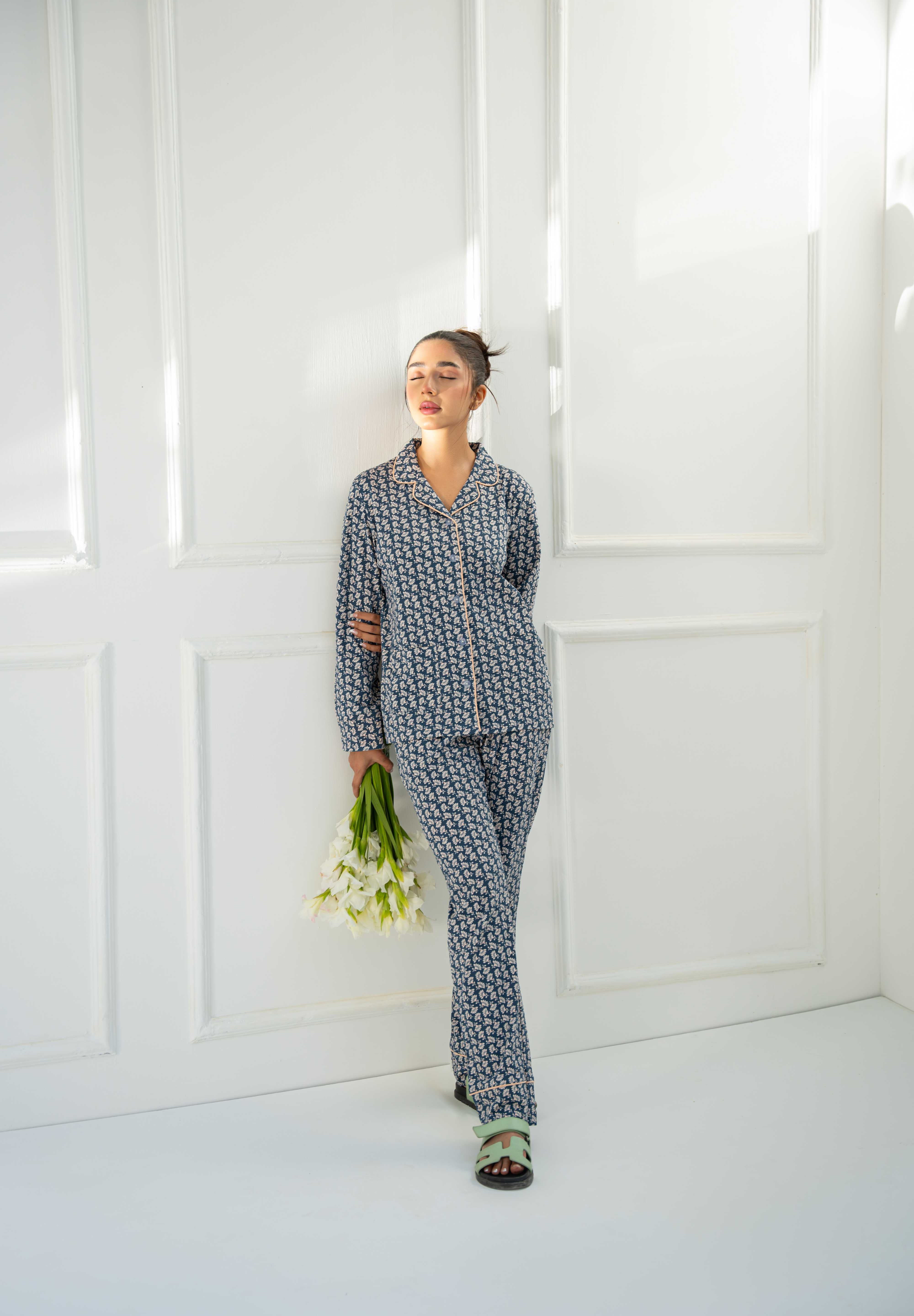 Stay comfortable in the Blossom in Blue Button Down Pajamas for Women, ideal for lounging and bedtime.
