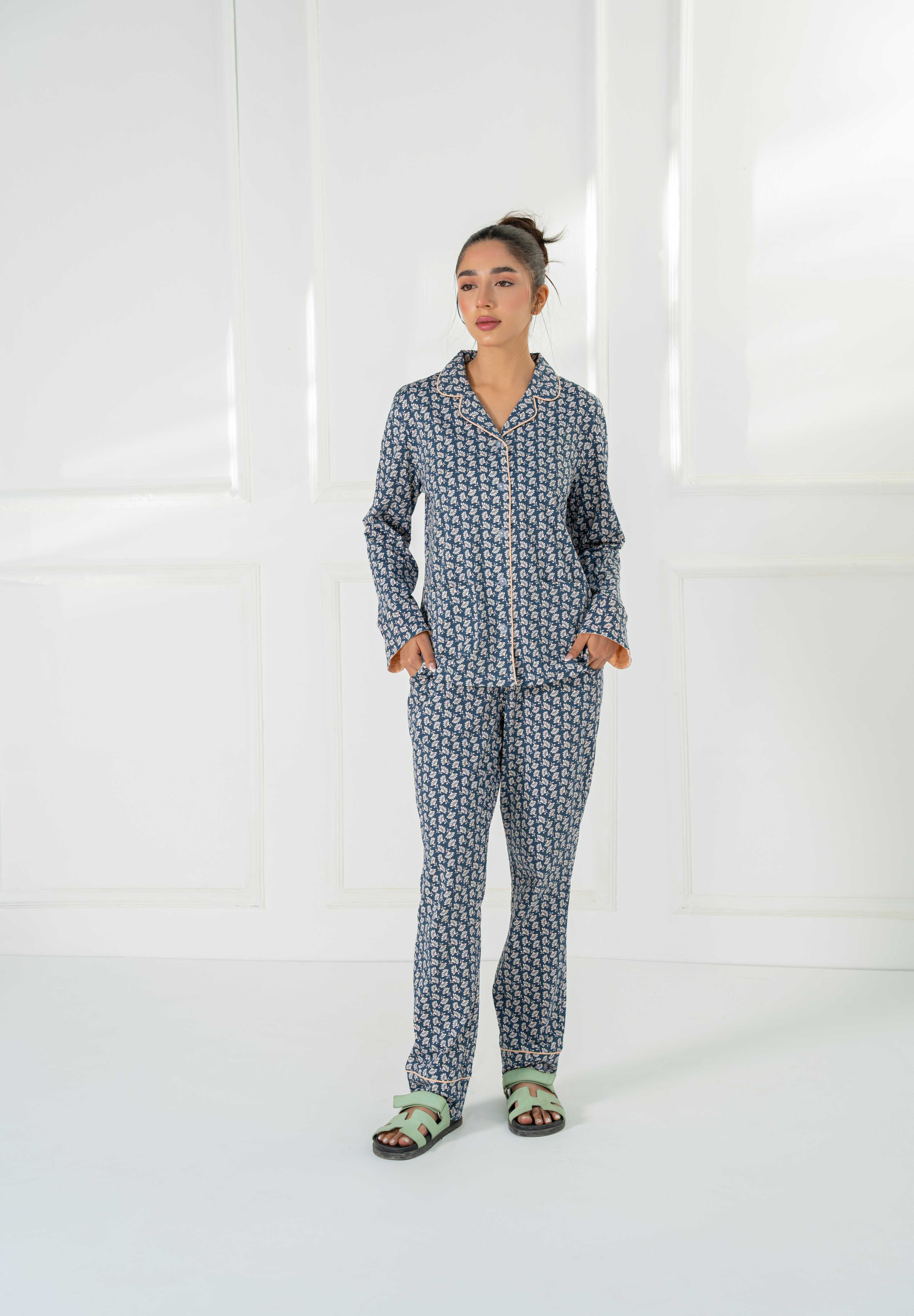 Relax in the Blossom in Blue Cozy Button Down Shirt for Women, paired with soft pajama bottoms.
