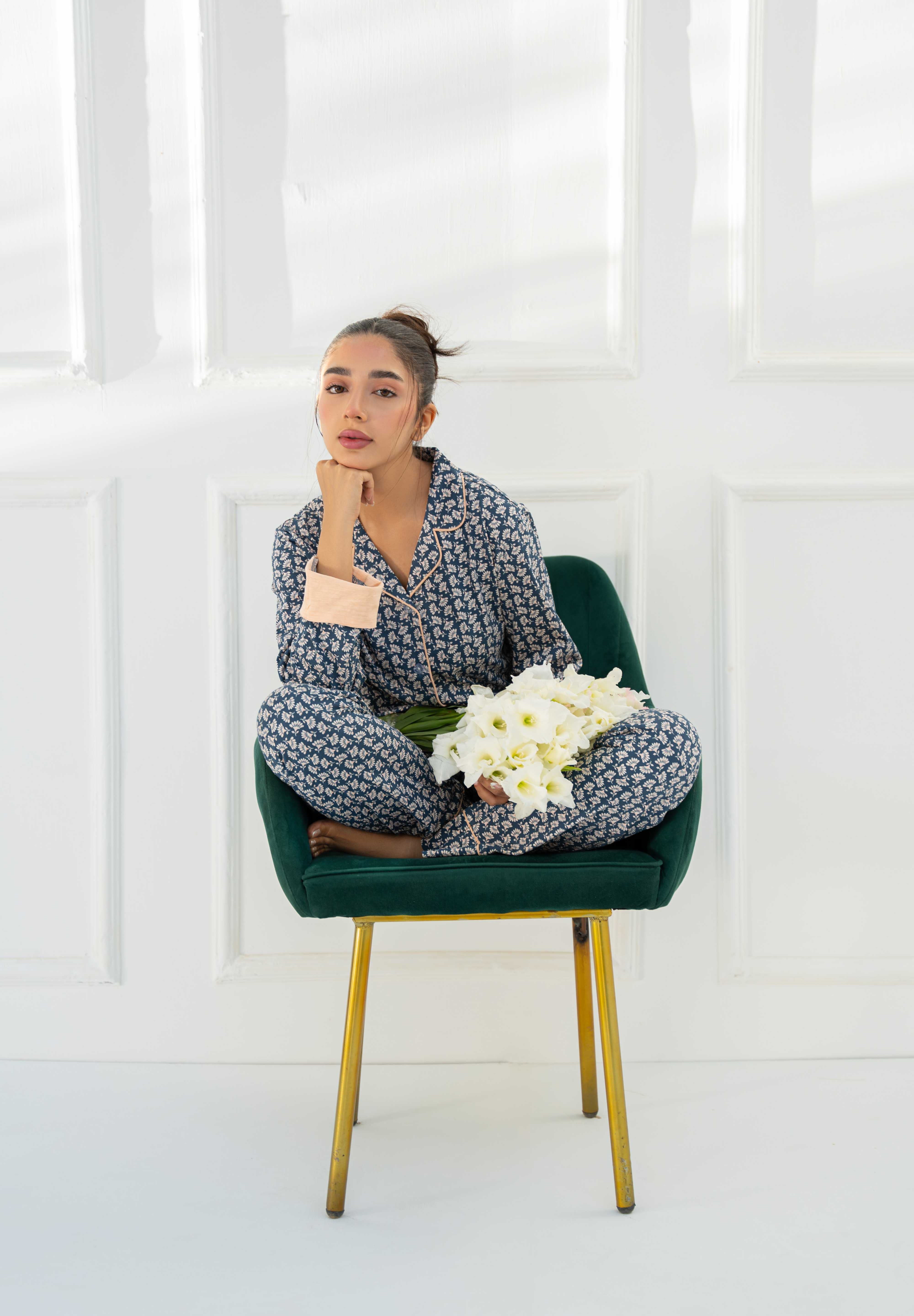 The Blossom in Blue Elegant Women's Button Down Pajama Set blends style and softness effortlessly.