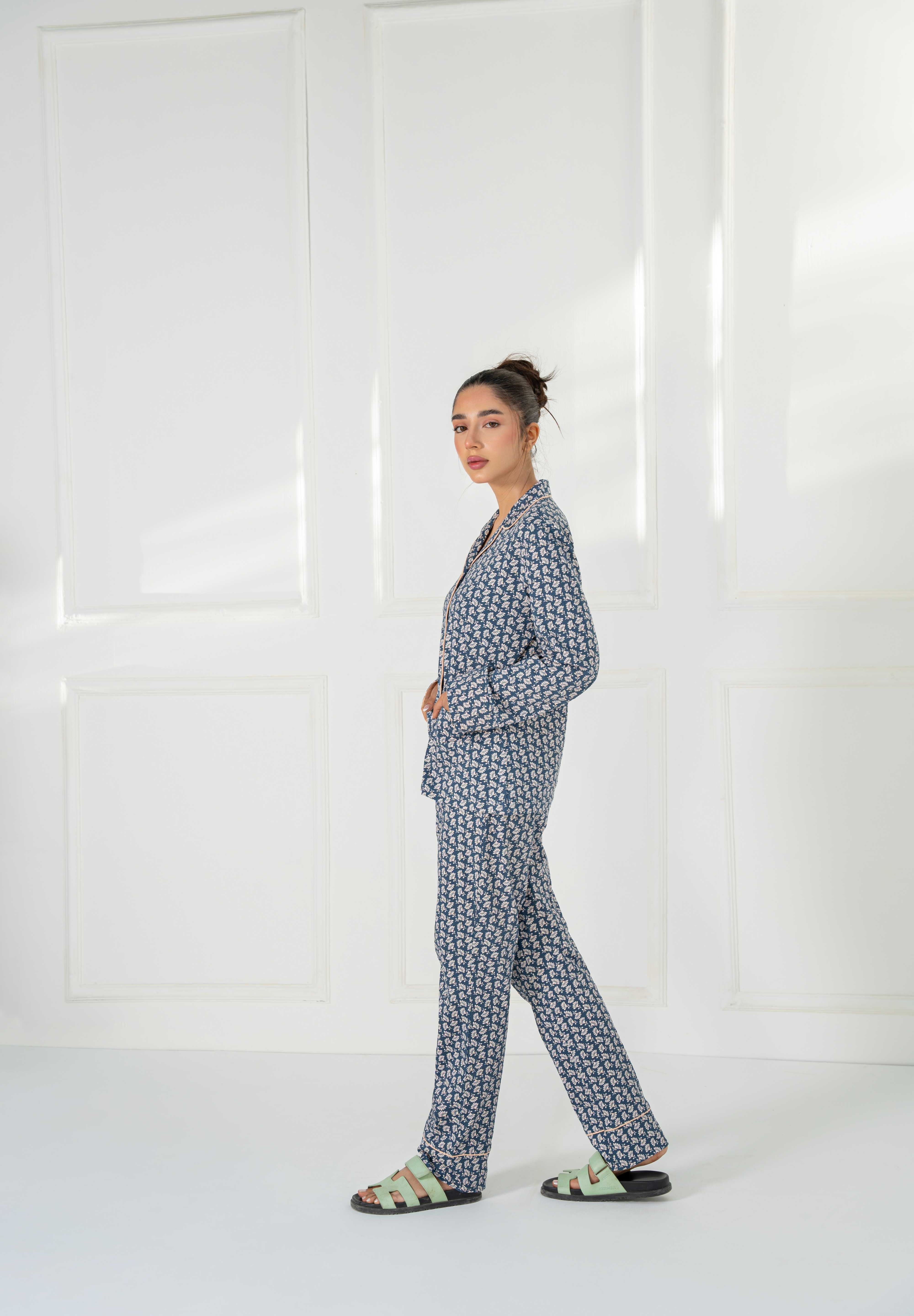 The Blossom in Blue Soft Fabric Button Down Pajamas offer a relaxed fit with smooth, breathable fabric.
