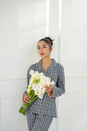 Lightweight and breathable Blossom in Blue Women's Button Down PJ Set for all-night relaxation.