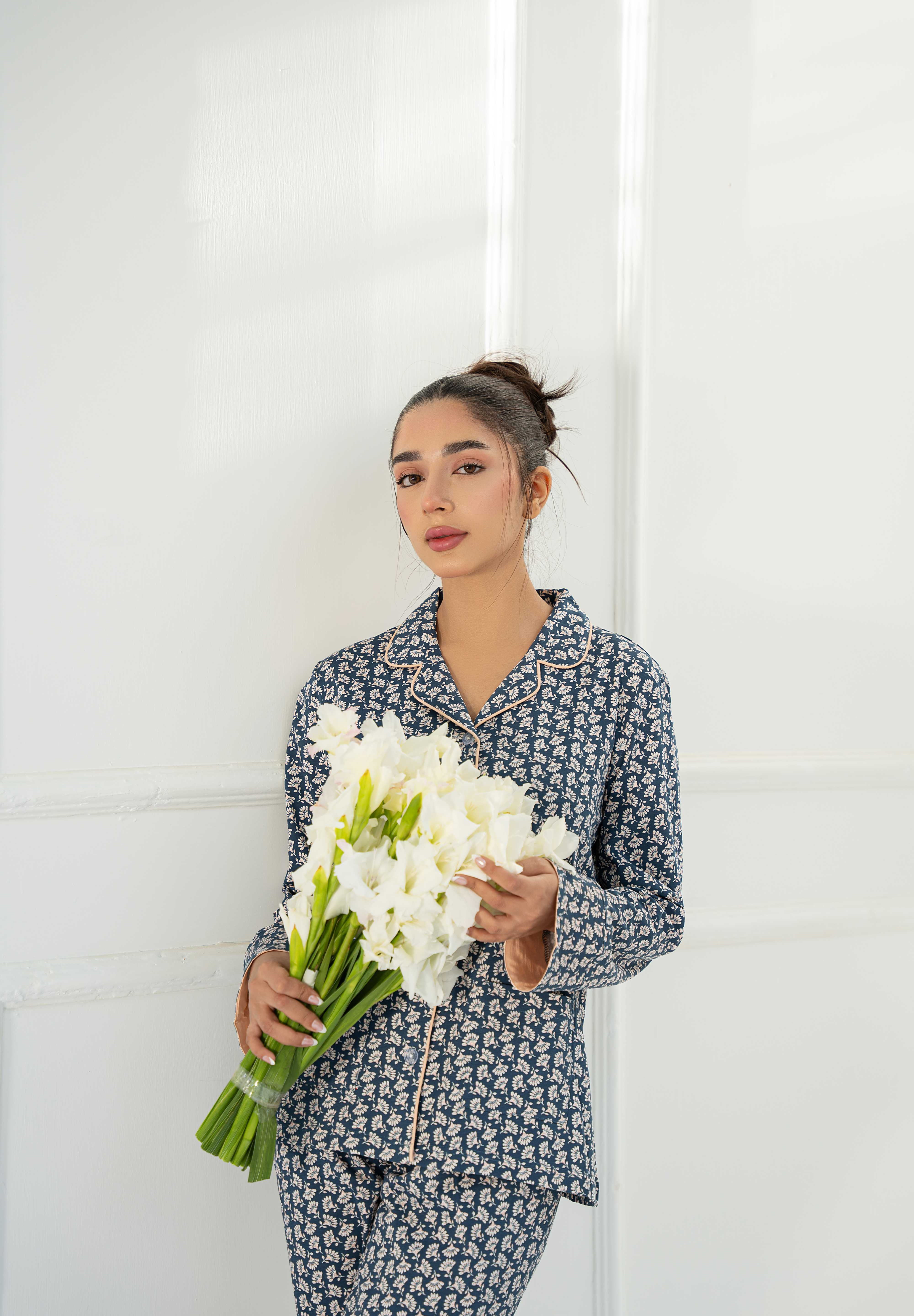 Lightweight and breathable Blossom in Blue Women's Button Down PJ Set for all-night relaxation.