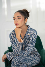 Soft and cozy Blossom in Blue Women's Button Down Pajama Set, perfect for a peaceful night's sleep.