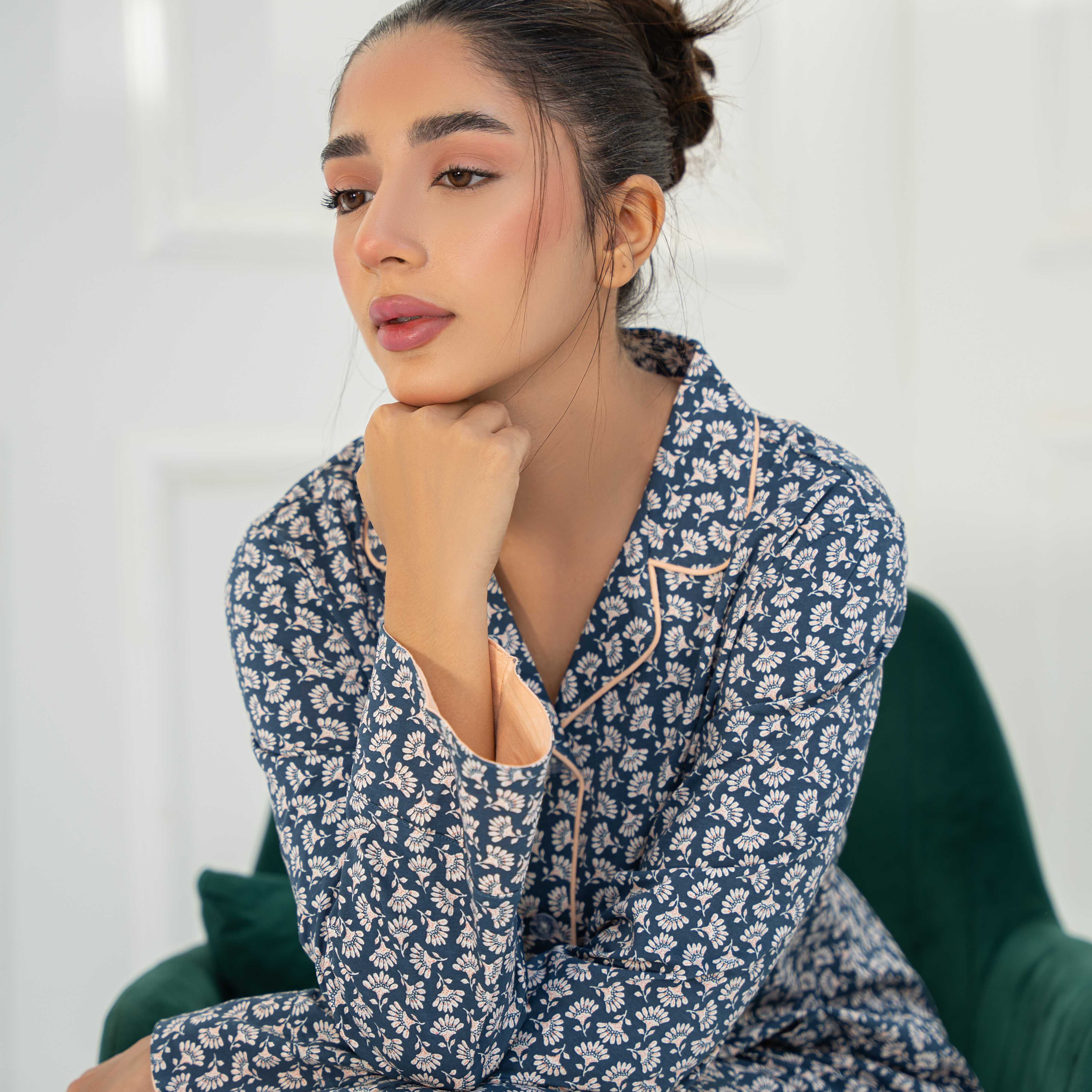 Soft and cozy Blossom in Blue Women's Button Down Pajama Set, perfect for a peaceful night's sleep.