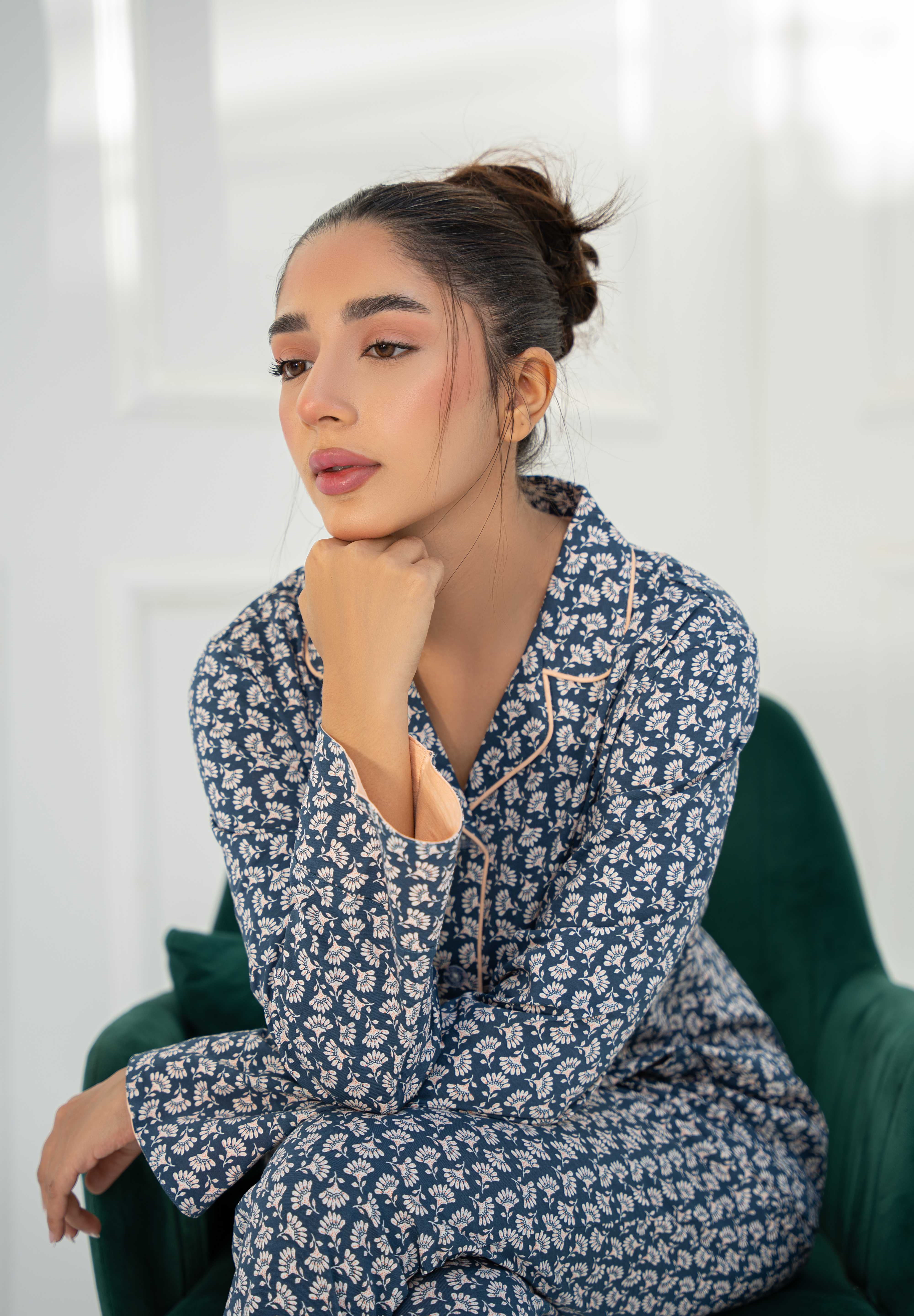 Soft and cozy Blossom in Blue Women's Button Down Pajama Set, perfect for a peaceful night's sleep.