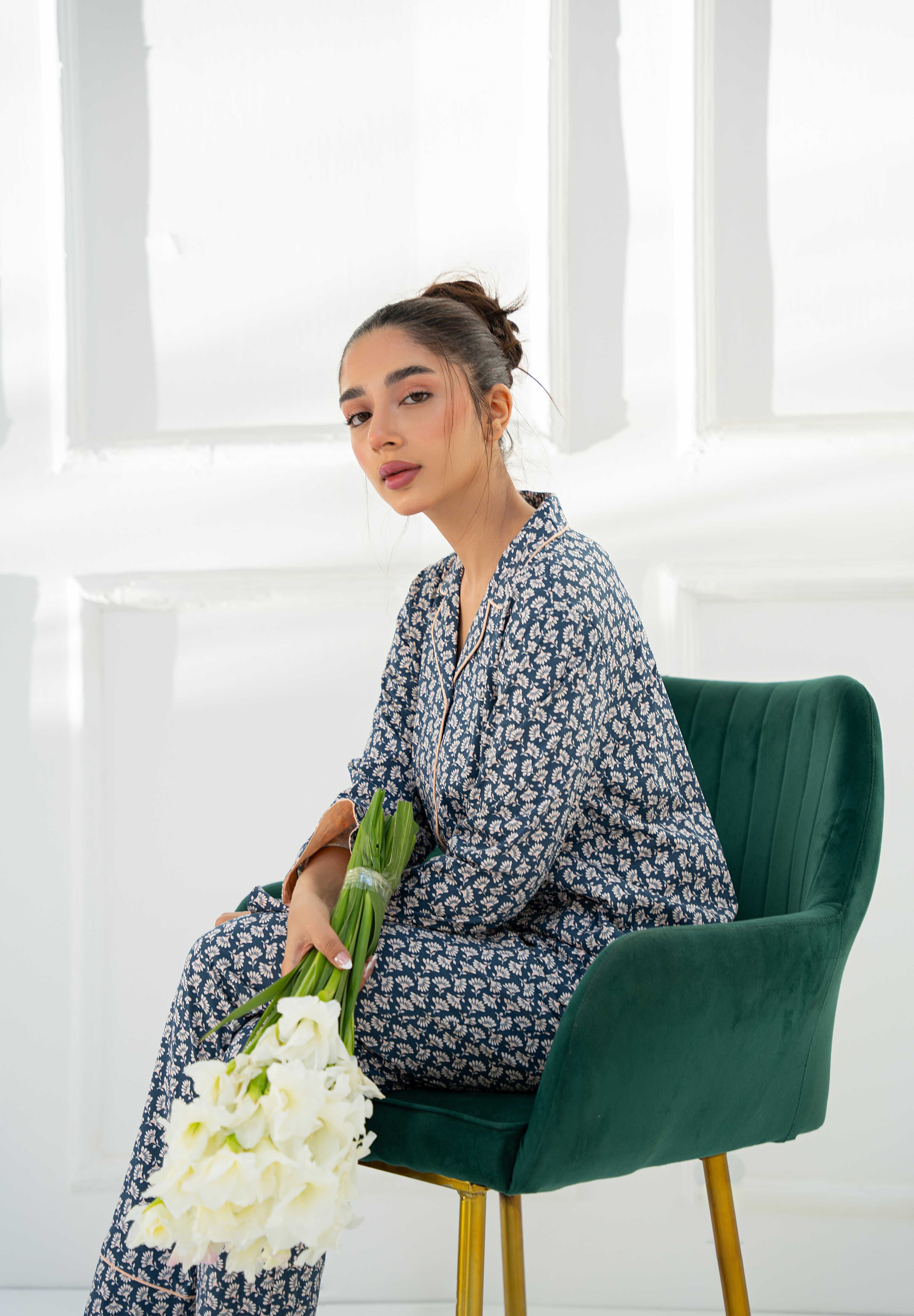 Classic and stylish Blossom in Blue Women's Button Down Shirt Pajama Set for everyday comfort.