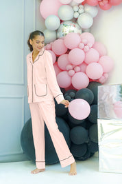 Relax in the Blush Button Down Pajamas for Women, designed for all-night comfort with a stylish touch.