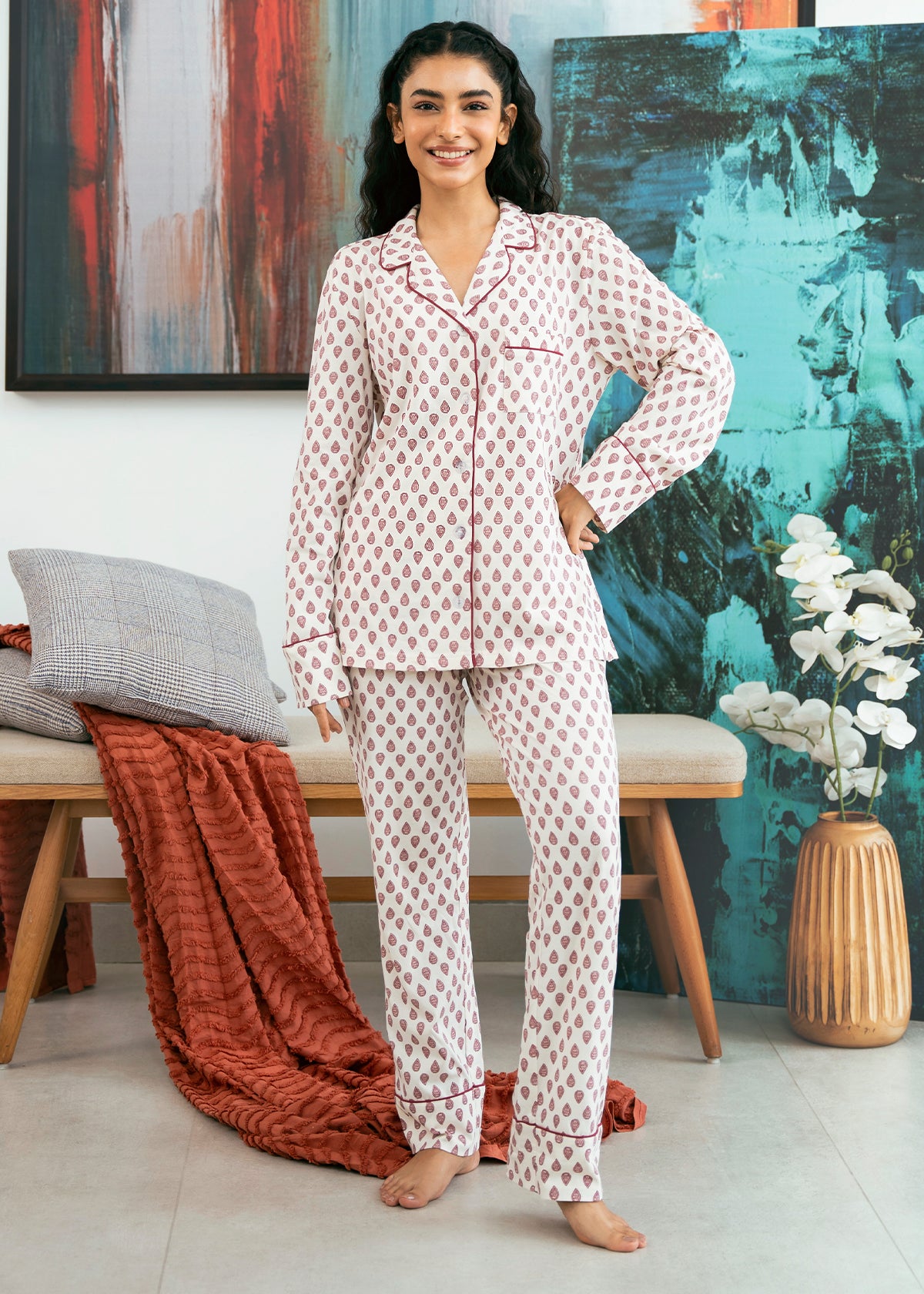Relax in style with the Coral Blush Button Down Pajamas for Women, designed for all-night comfort and elegance.