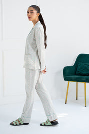 Stay comfortable in the Elegant Geometry Button Down Pajamas for Women with a relaxed, breathable fit.