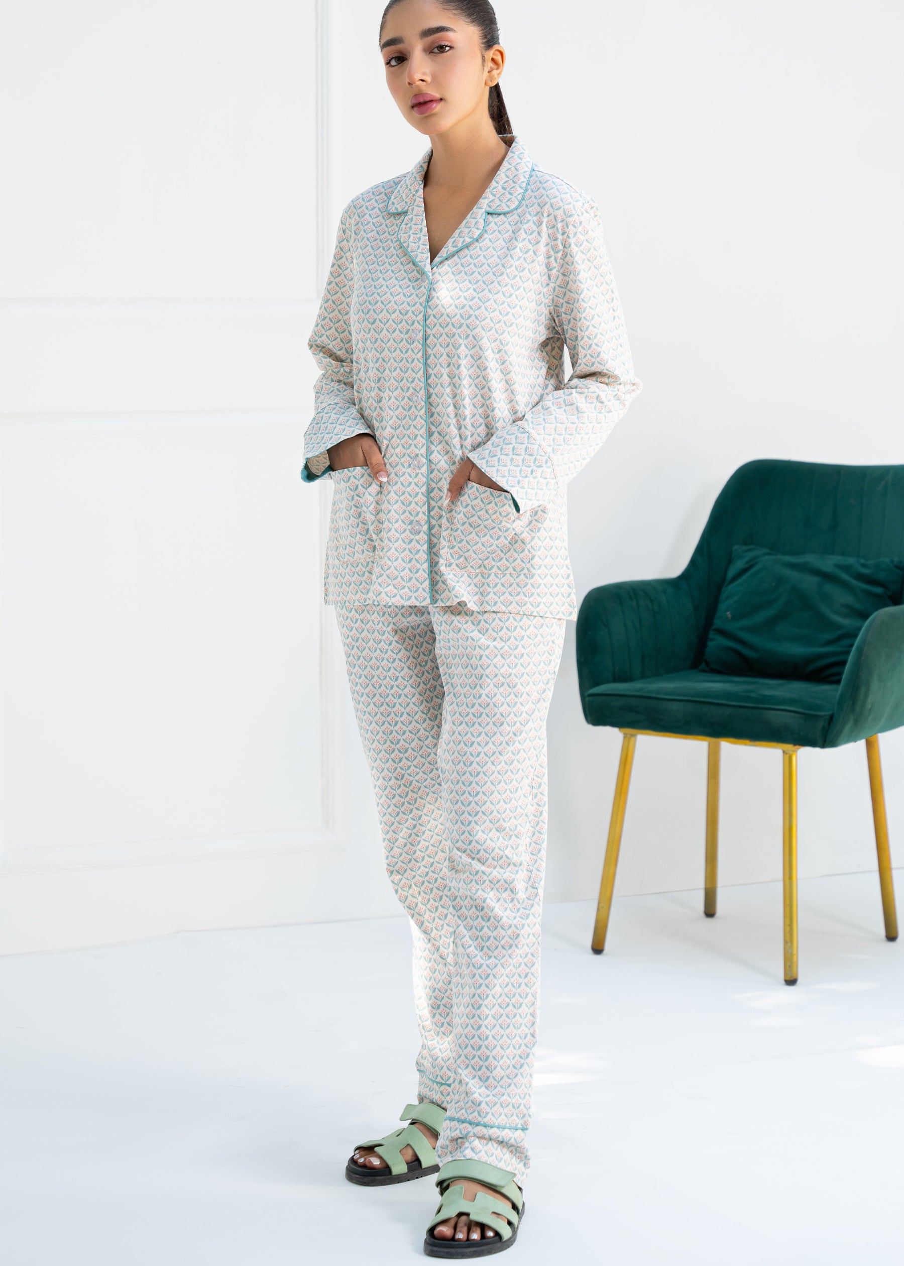 Soft and stylish Elegant Geometry Women's Button Down Pajama Set, perfect for a cozy night’s sleep.