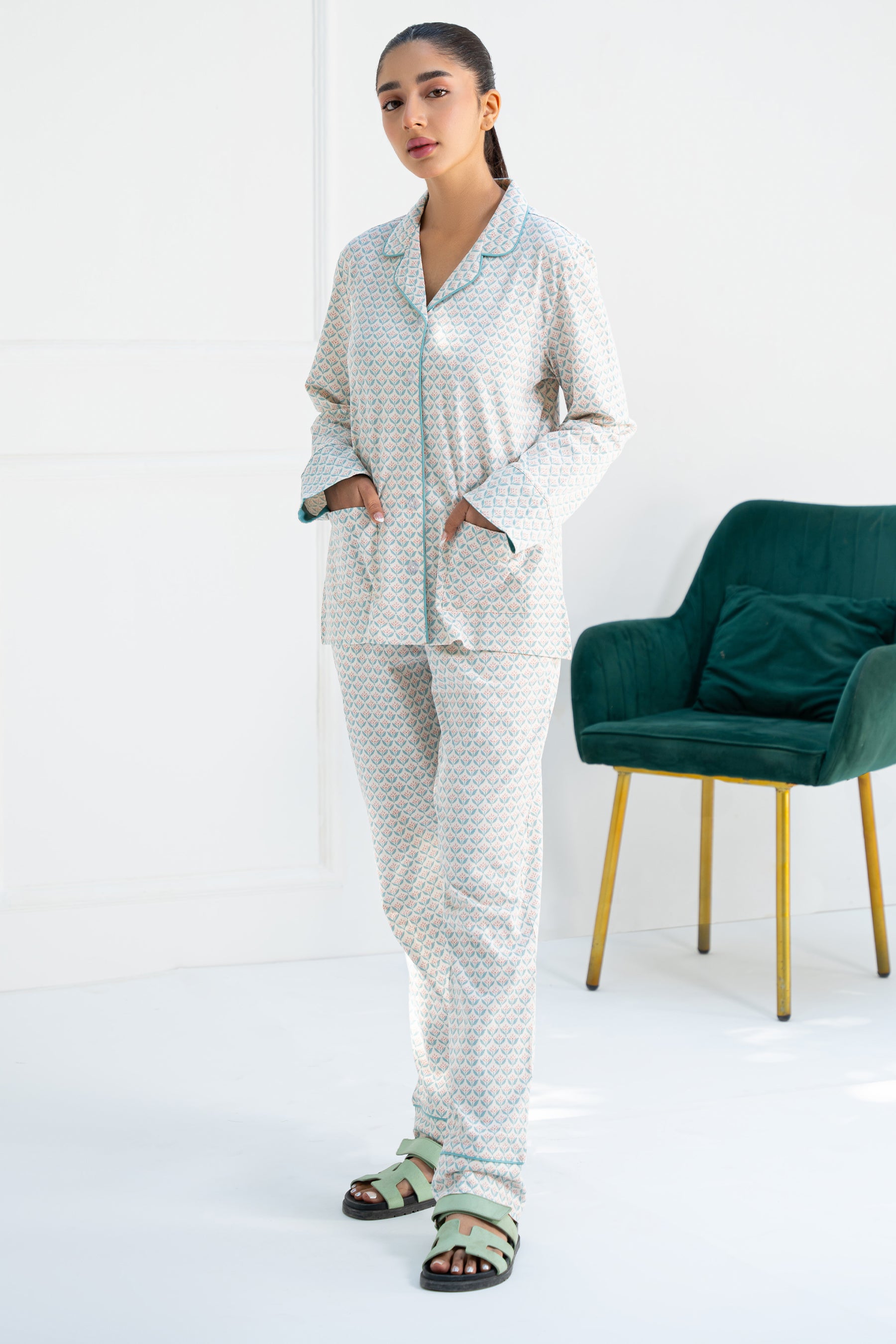 Soft and stylish Elegant Geometry Women's Button Down Pajama Set, perfect for a cozy night’s sleep.