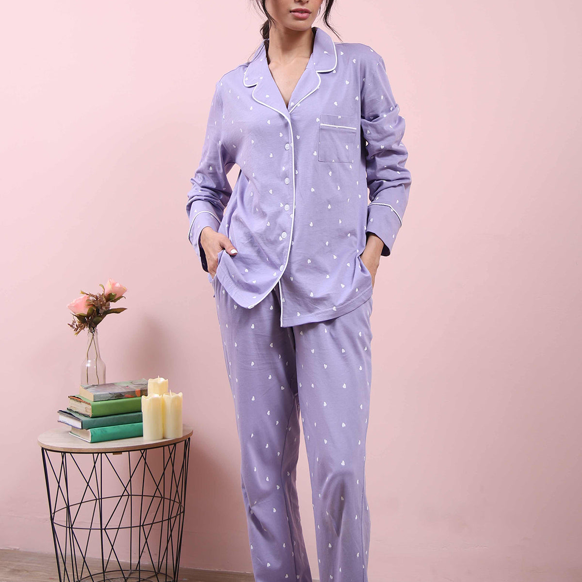The Lilac Dreams Women's Button Down Pajama Set offers soft fabric and a relaxed fit for a cozy night.