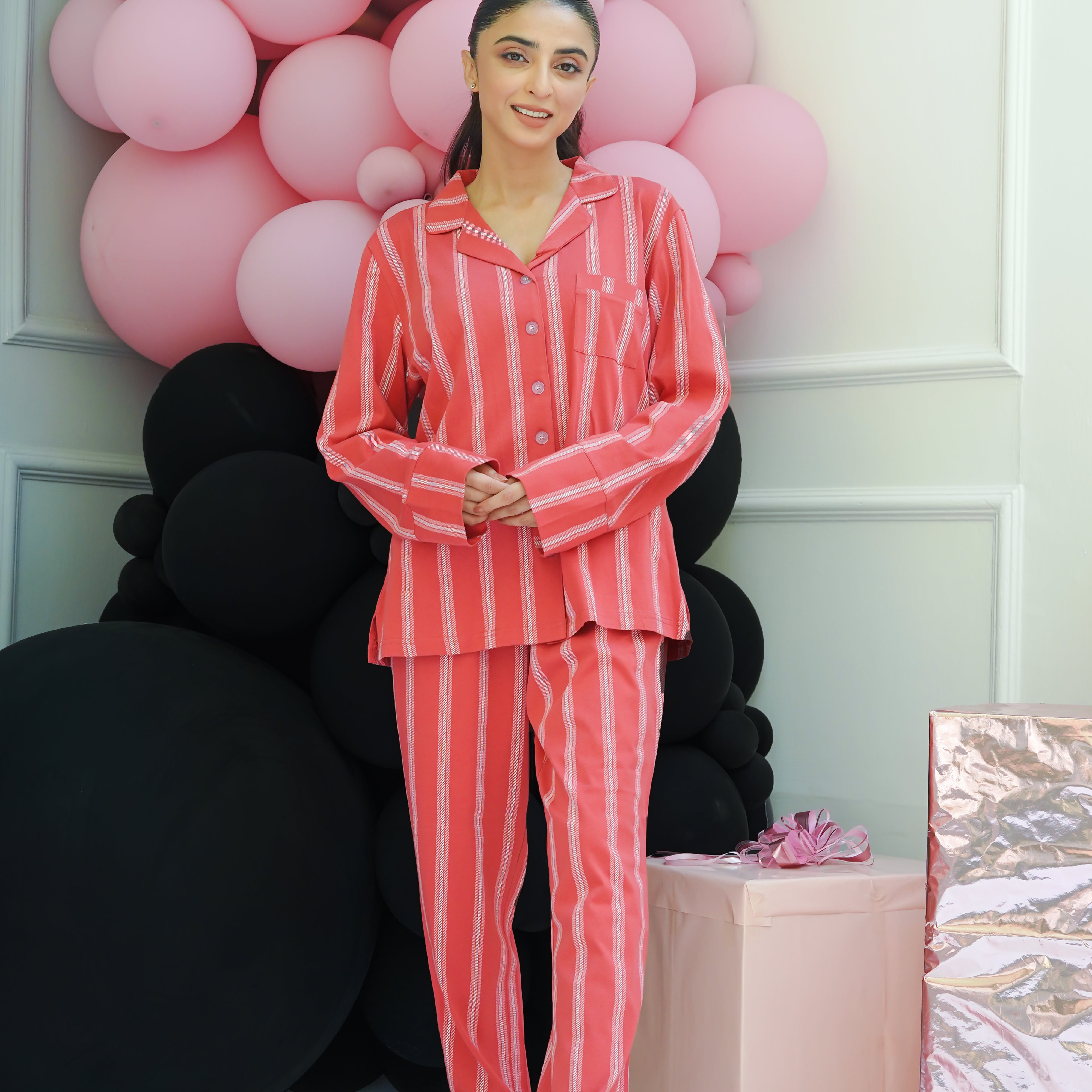 Soft and stylish Red Stripe Flair Women's Button Down Pajama Set for a cozy and comfortable night's sleep.
