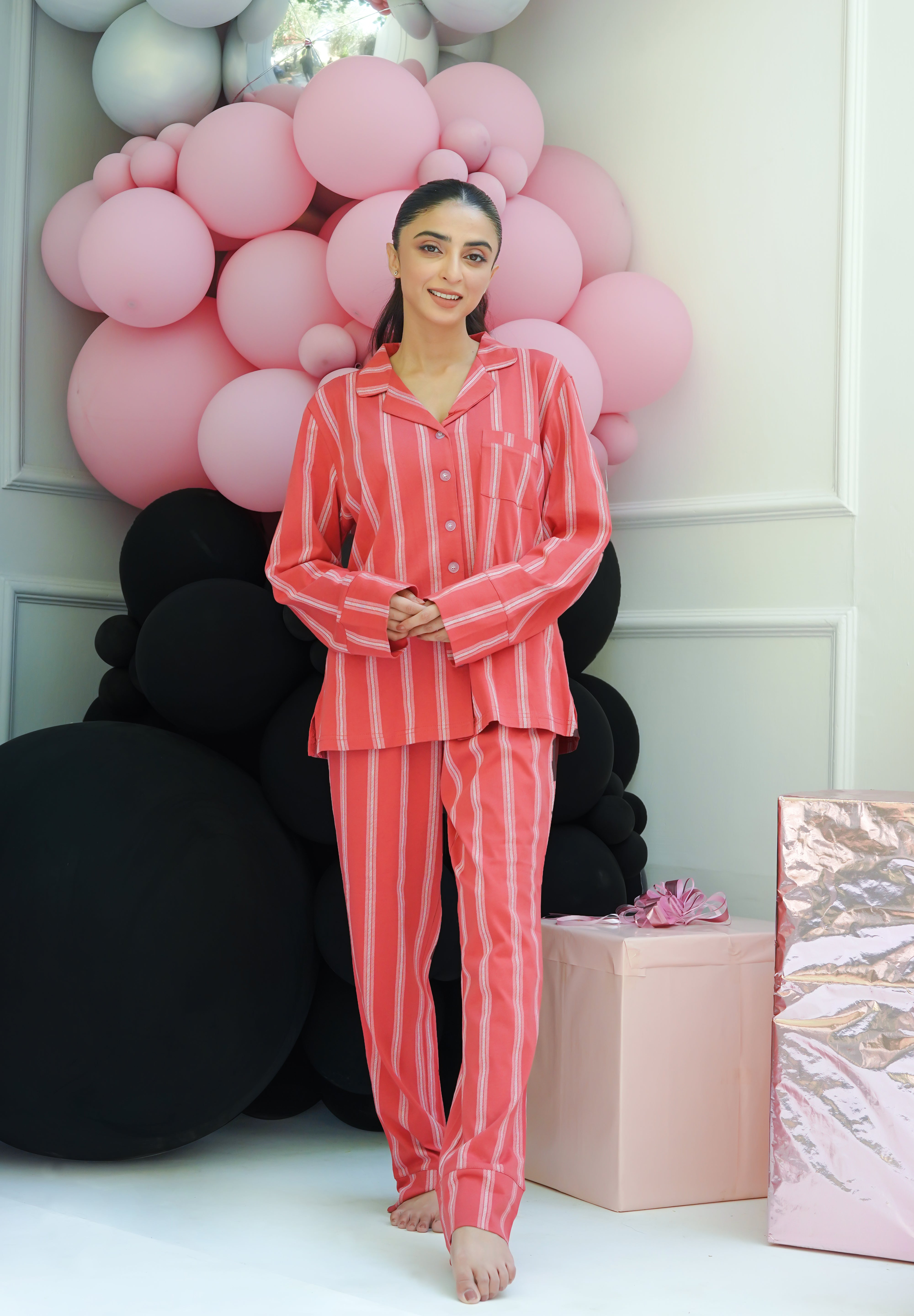 Soft and stylish Red Stripe Flair Women's Button Down Pajama Set for a cozy and comfortable night's sleep.