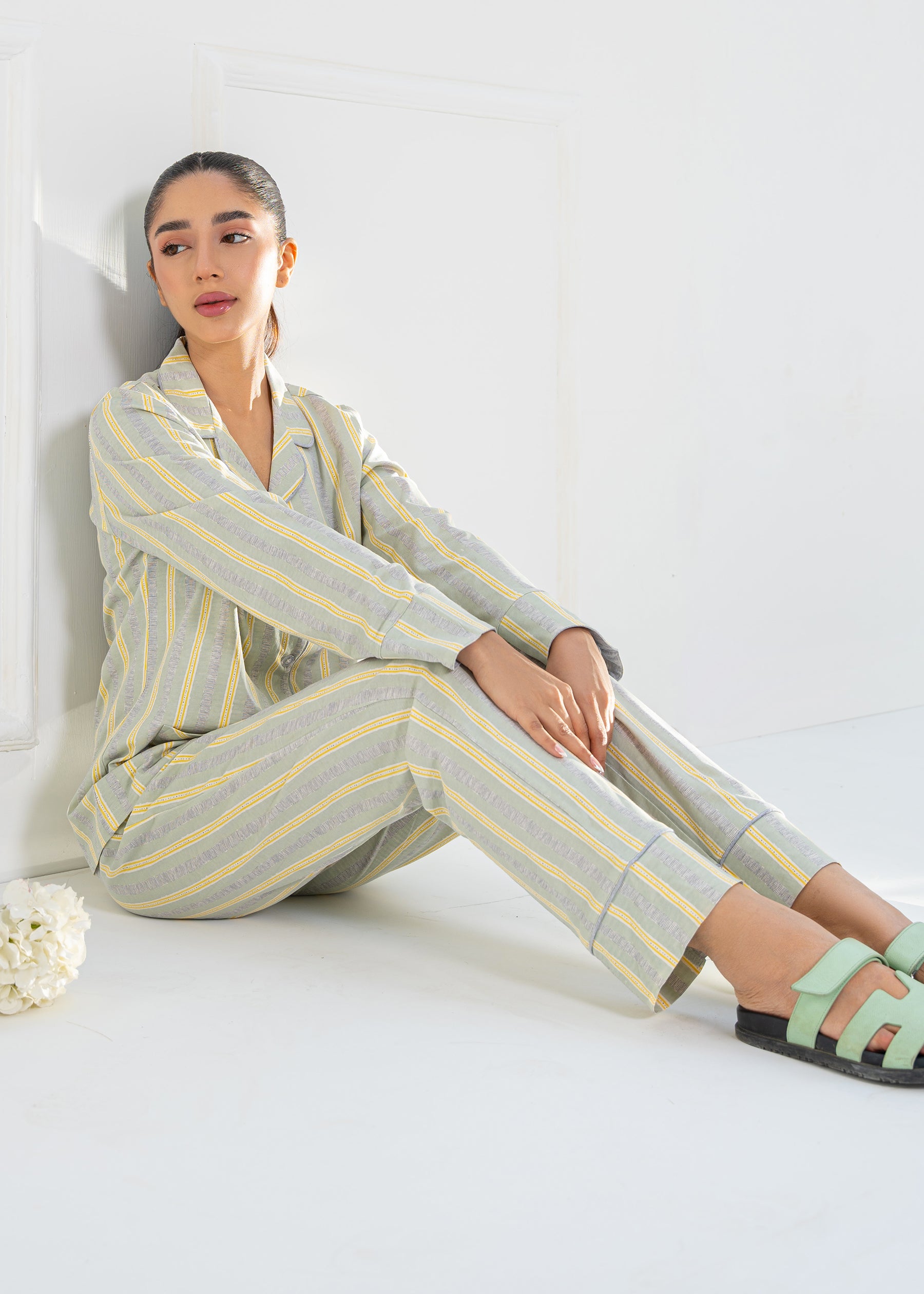 Cozy and stylish Tranquil Harmony Button Down Pajamas for Women, ideal for bedtime or lounging.