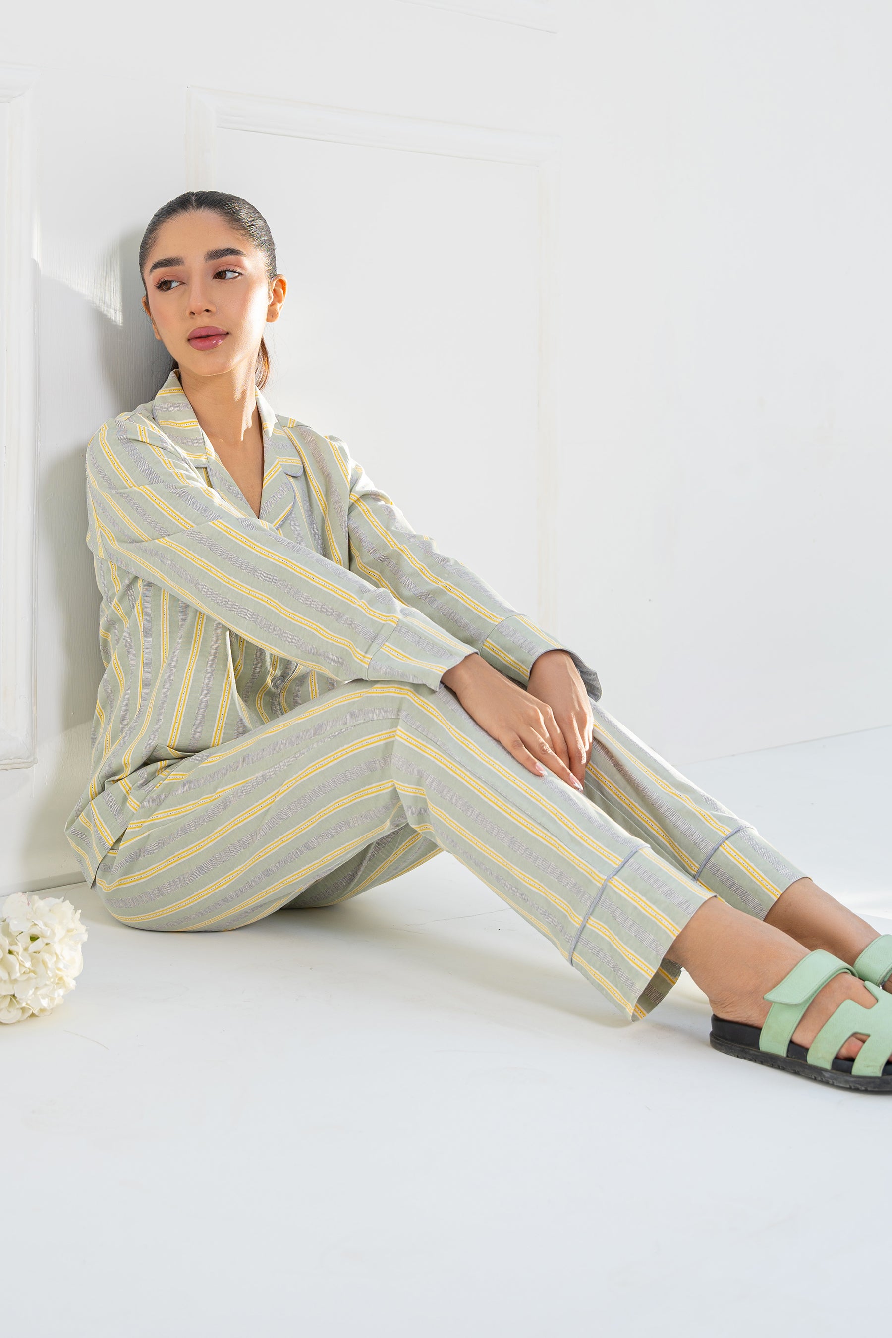 Cozy and stylish Tranquil Harmony Button Down Pajamas for Women, ideal for bedtime or lounging.