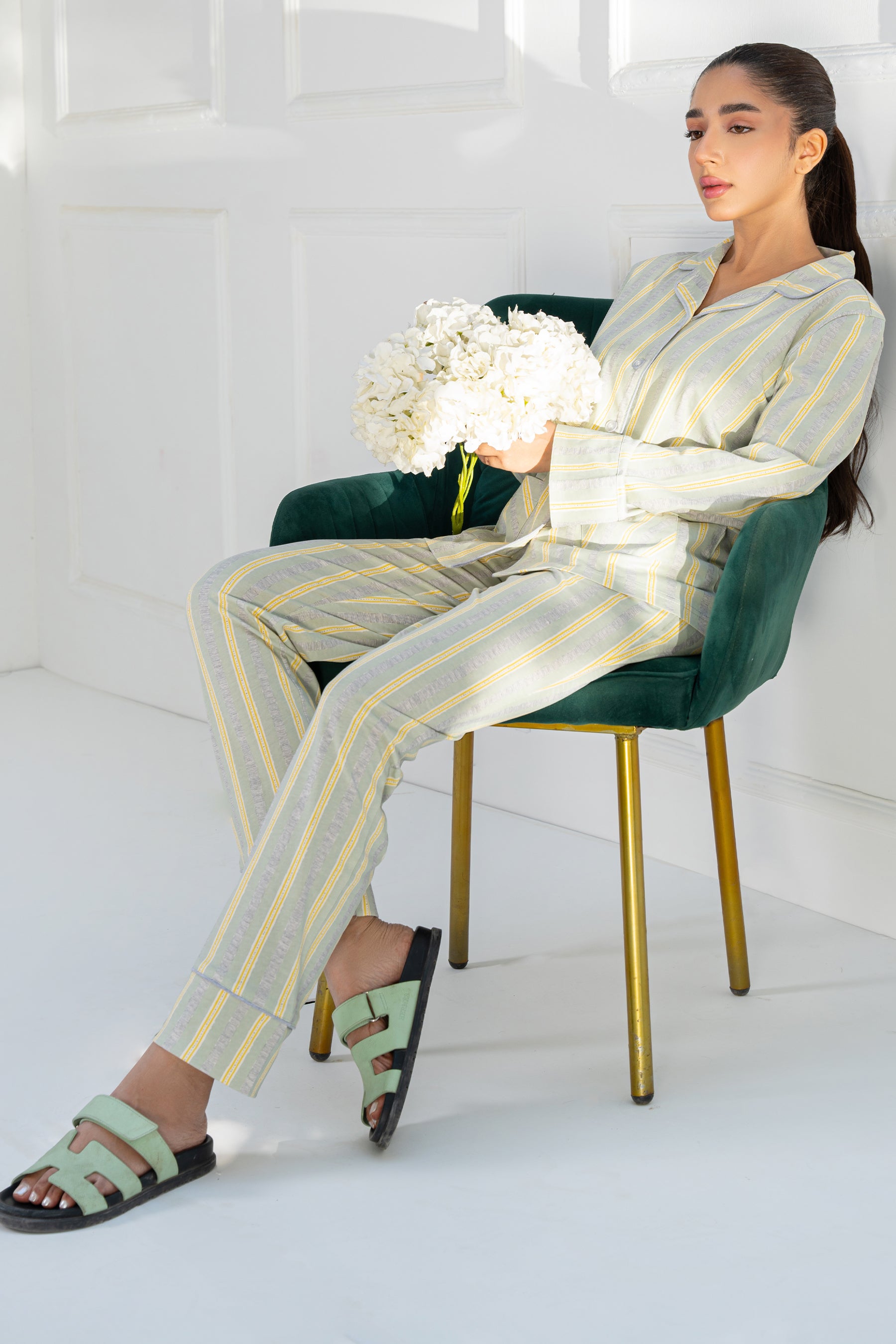 Classic and stylish Tranquil Harmony Women's Button Down Shirt Pajama Set for everyday comfort.