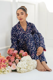 Lightweight and breathable Under the Stars Navy Women's Button Down PJ Set for all-night comfort.