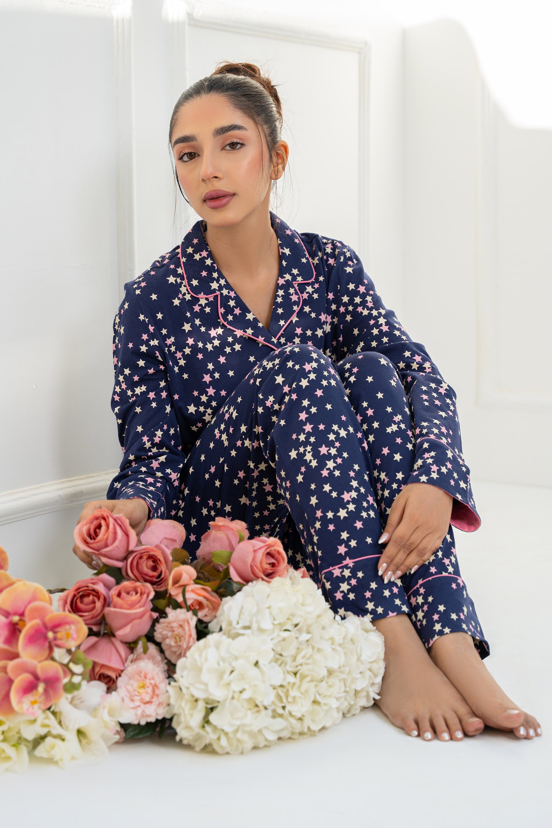 Lightweight and breathable Under the Stars Navy Women's Button Down PJ Set for all-night comfort.