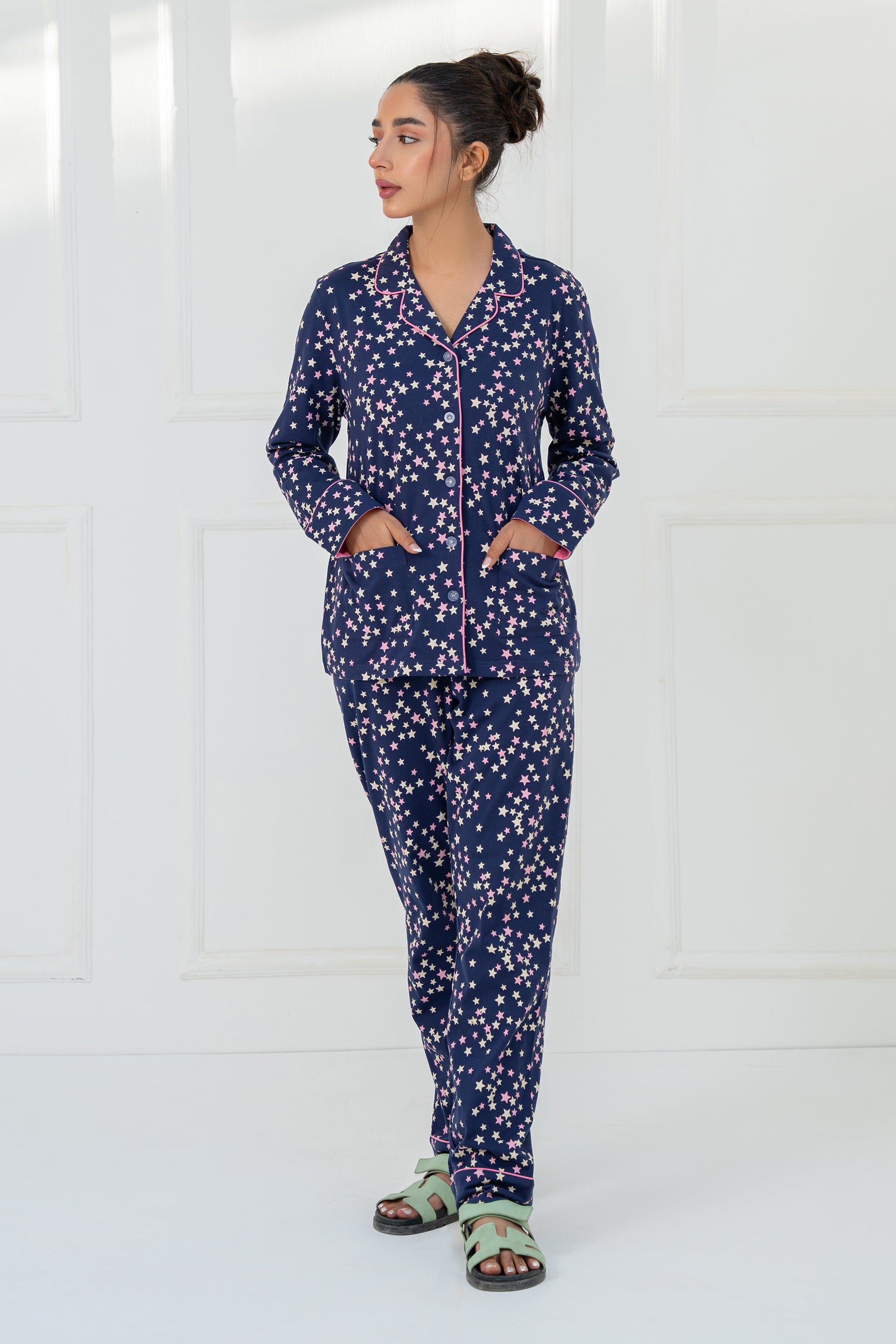 Soft and cozy Under the Stars Navy Women's Button Down Pajama Set for a comfortable night's sleep.