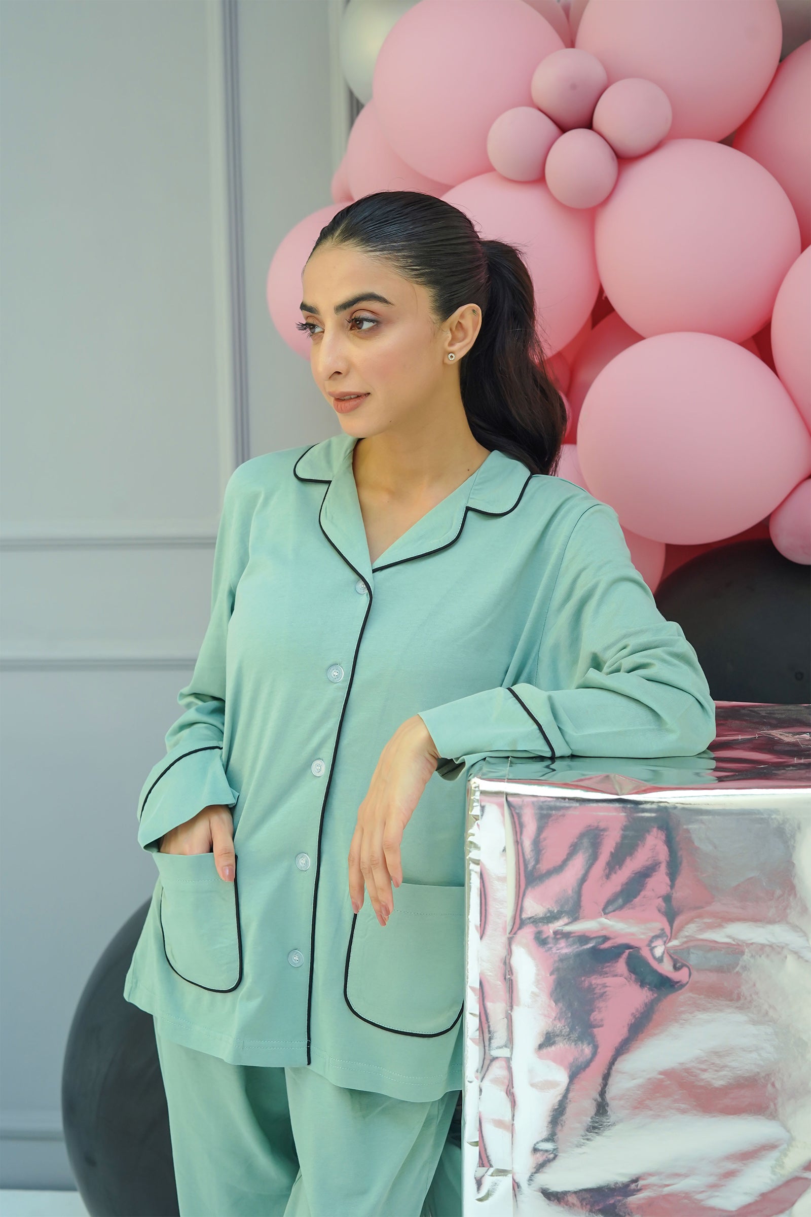Stay cozy in the Whispering Green Button Down Pajamas for Women, designed for a relaxed and stylish fit.