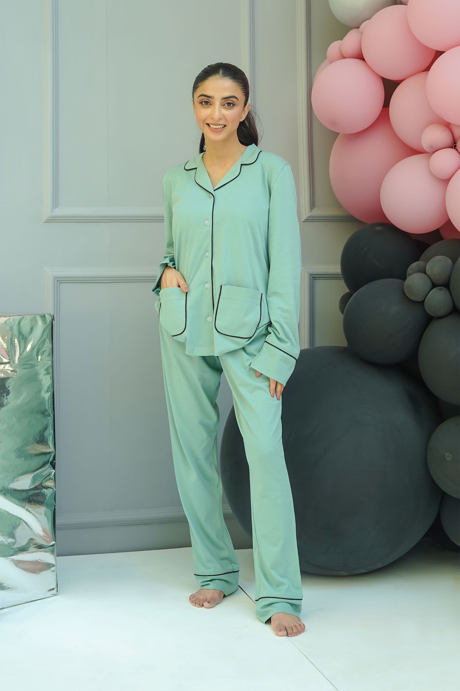 The Whispering Green Women's Button Down PJ Set offers a lightweight feel with a soothing green shade.