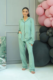 The Whispering Green Women's Button Down PJ Set offers a lightweight feel with a soothing green shade.