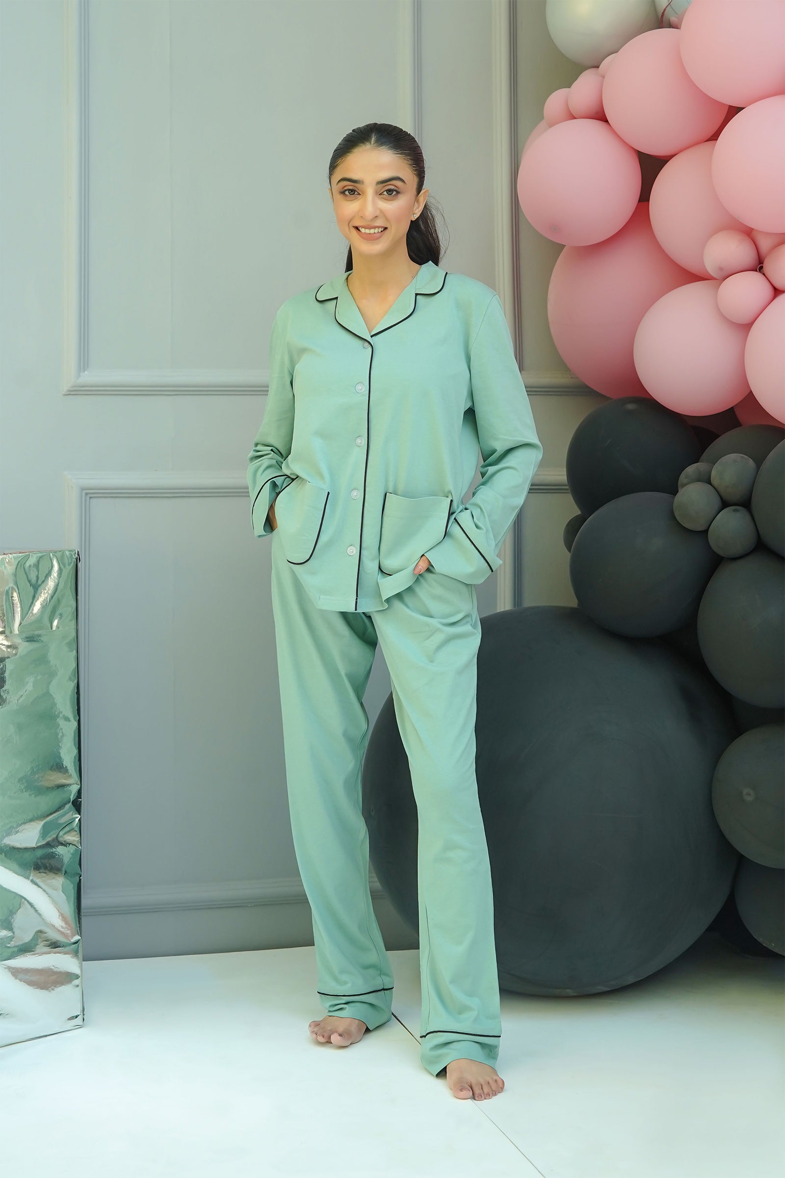 Soft and breathable Whispering Green Women's Button Down Pajama Set, perfect for all-night comfort.