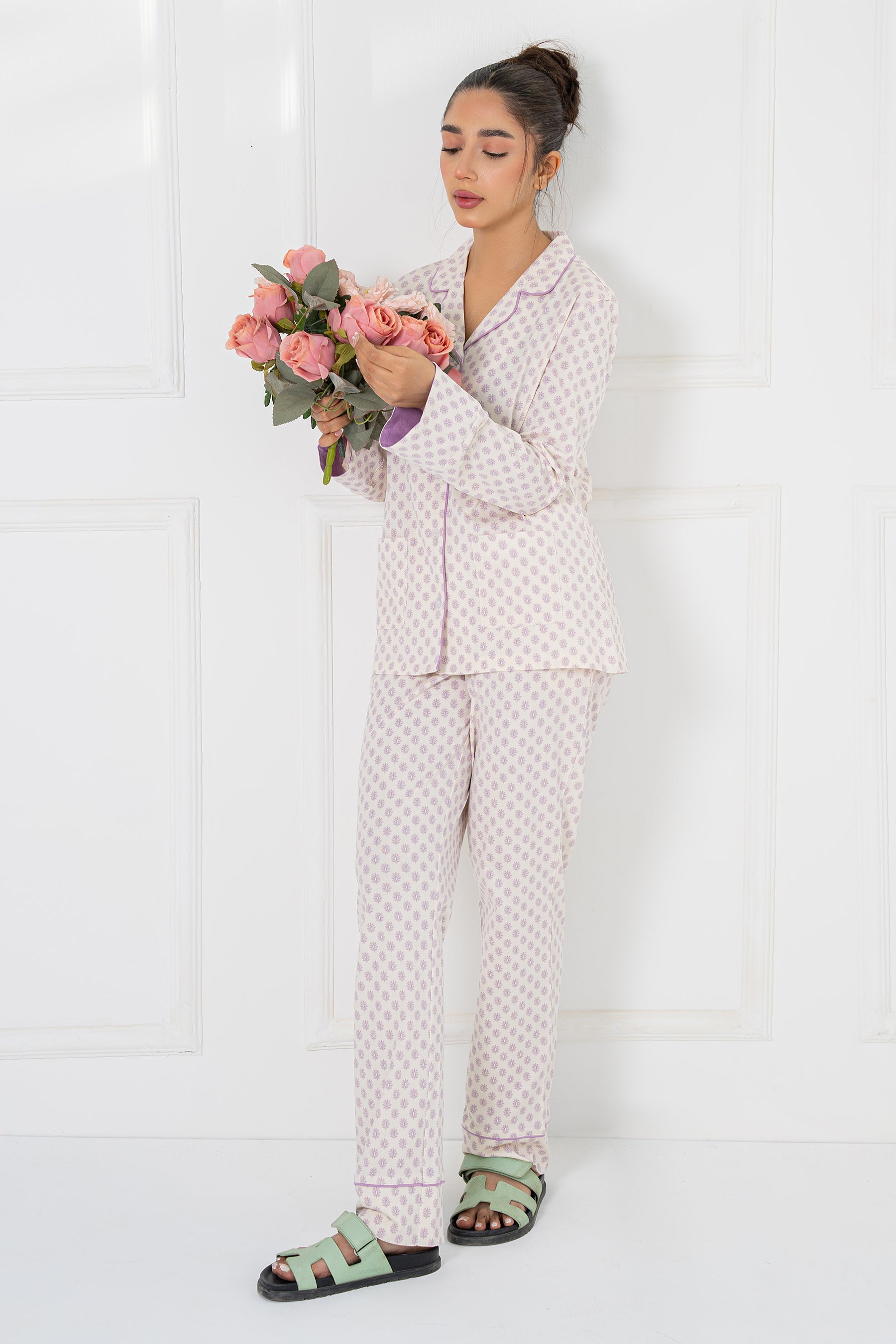 Soft and breathable Whispering Lilacs Women's Button Down Pajama Set in a soothing lilac shade.