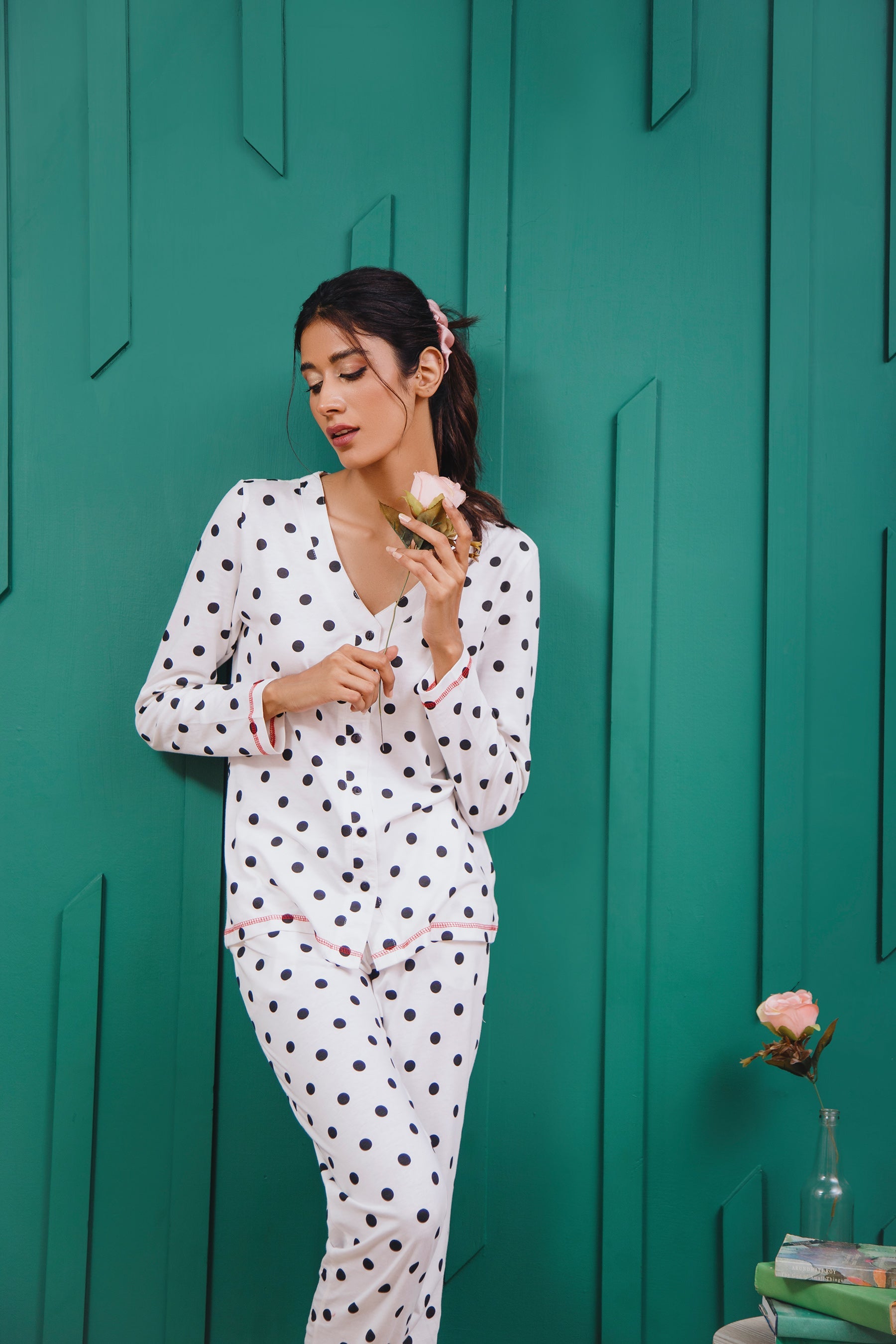 Soft and breathable White Dotted Women's Button Down Pajama Set, perfect for a cozy and stylish night.