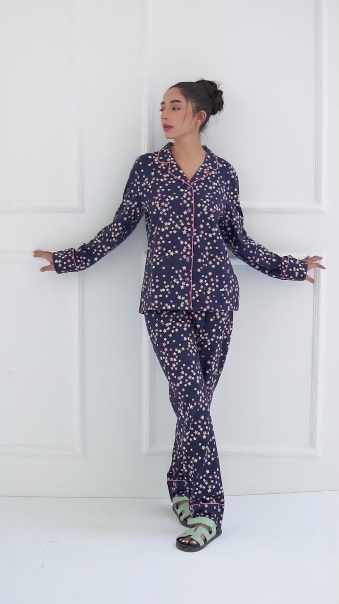 The Under the Stars (Navy) Elegant Women's Button Down Pajama Set blends softness with timeless style.